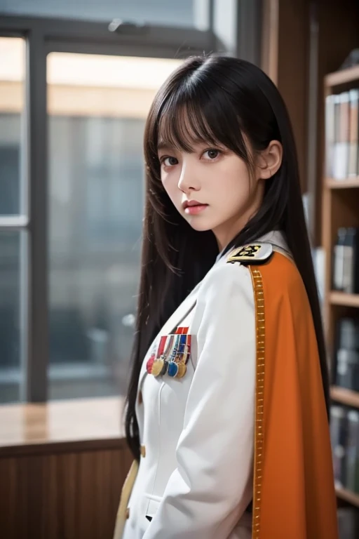 white **-****-*** girl with long black hair is wearing a military uniform, Orange Cape , Big hazel eyes, Science Fiction , Dark mood,