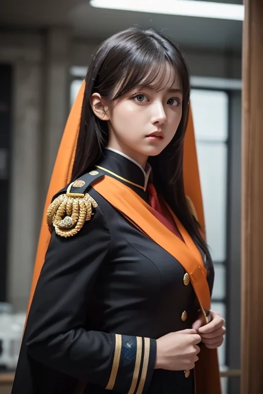 white **-****-*** girl with long black hair is wearing a military uniform, Orange Cape , Big hazel eyes, Science Fiction , Dark mood,