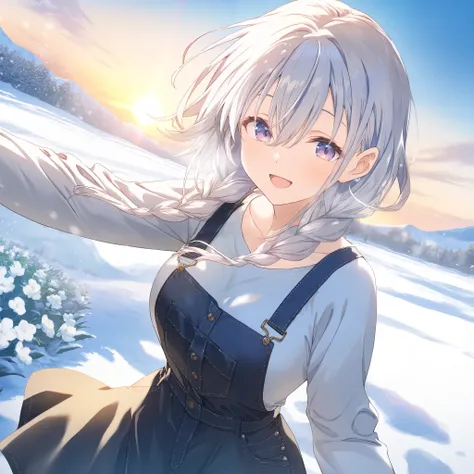 1girl, ager, tall, Narrow eyes, pretty, Flower field, Bangs between eyes, High quality, beautiful, Snow, Playing the snow, medium breasts,White hair,Gradient Purple to cyan eyes, Casual outfit, Winter, girl, , Beautiful andcute, Sunrise, Skirt overalls , L...