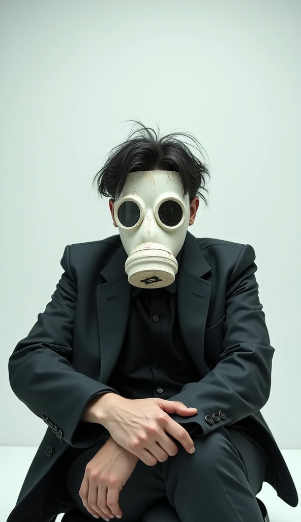 “High-quality 16K resolution image set in a white, empty, enclosed room with no background. The top two-thirds of the frame is background-free, while the lower third shows the upper body of a slender black-haired man wearing a dirty white gas mask that com...