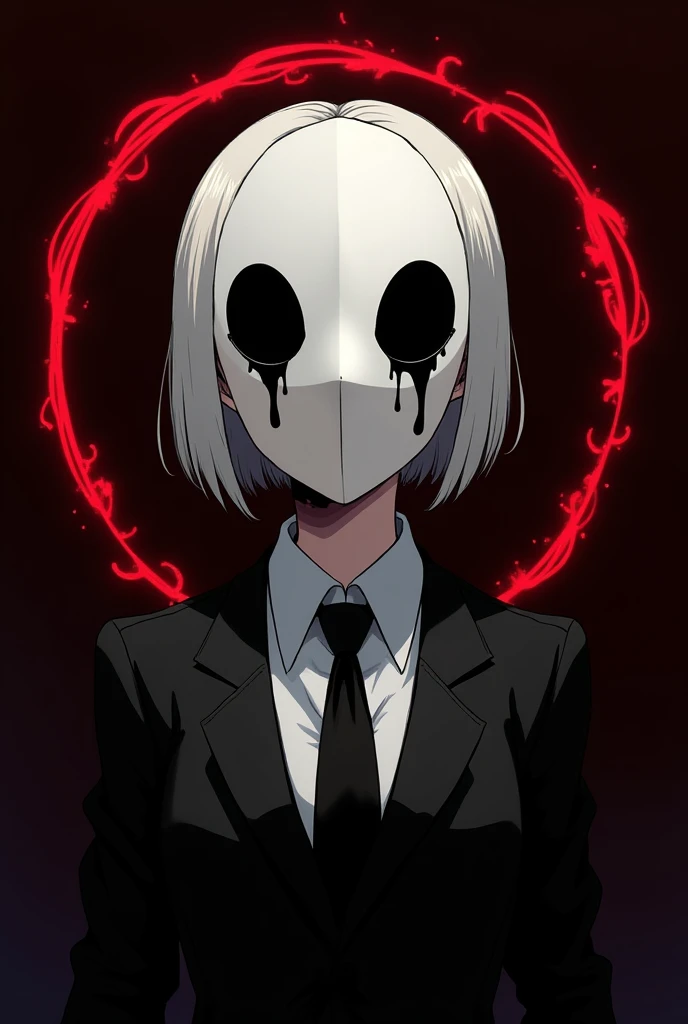 Anime girl, young adult, light skin, wearing a sharp, tailored black suit, white collared shirt, and black tie,  a dramatic, pointed, white, paper-like mask covering the face, with a large black eye in the center and black liquid dripping down the mask,  s...