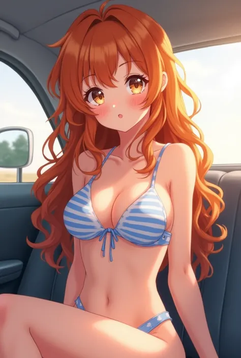 Cute anime girl with long, curly, ginger hair, wearing a blue and white striped bikini, sitting down, rear view mirror