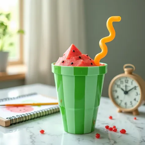 Make a picture of a green watermelon cup with a circular lid and a zigzag straw, sitting on a marble table with a sketchpad, a paintbrush, and a small clock. Make the cup vibrant and fun, with soft natural light to highlight the colors. Keep everything cre...