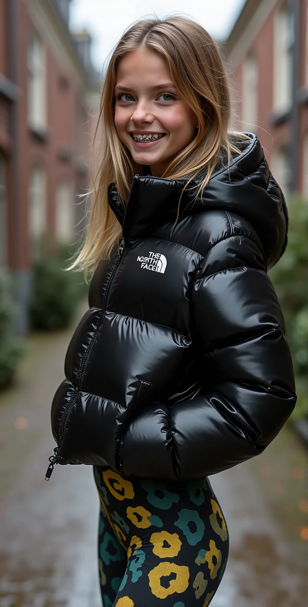 Frontal diagonally photo from side behind of a sweaty hot wet cute beautiful darkblonde furtuned dutch spanish italia young posing age femboy wearing black northface shiny pvc puffy cropped short puffer jacket, very short shiny black Big luxurious northfac...