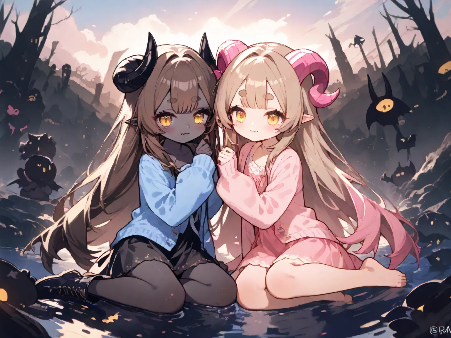 2girls:1.5, (masterpiece, best quality, amazing quality, very aesthetic, absurdres, newest, good anatomy), (1girl\Pink fluffy long hair, ram horns, thick eyebrows: 1.1, black dress, barefoot) BREAK (devil girl\hzkawaii, kawaii, yellow eyes, demon horns, bl...