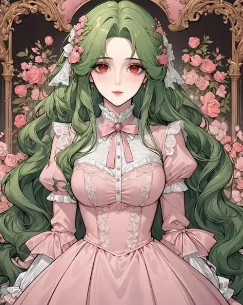 (extreamly delicate and beautiful:1.2), 8K,(masterpiece:1.0),(best_quality:1.0), 1 girl, and intricate detailing, Enlarged textures, and intricate detailing, finely eye and detailed face, and intricate detailing, green long hair, (sweet smiley), Perfect ey...