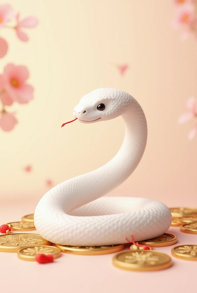 A smooth and elegant snake with no visible scales, featuring a sleek, soft body and a graceful, flowing pose. The snake has a pure white color with a slightly glossy texture, making it appear smooth and silky. Its body coils gently around golden Chinese co...