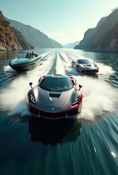 Creat a video of two side speed car drive and middle speed Boat drive 