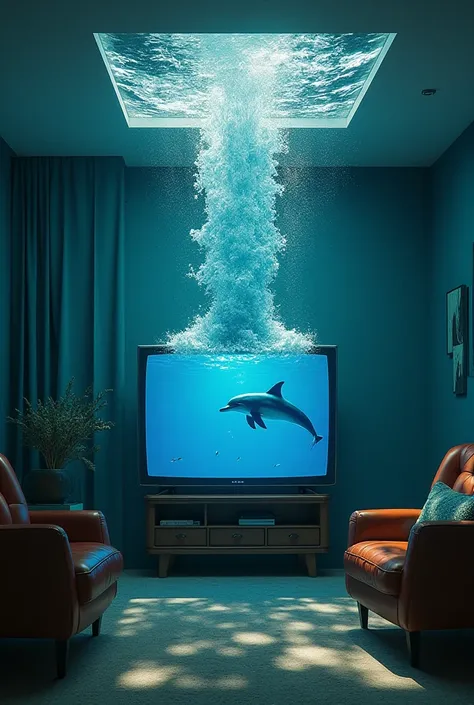 The TV is inside the room, sea water pours out of the TV screen, a dolphin swims in the water 