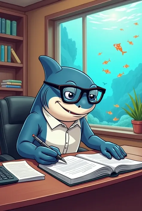 A shark in a cartoon performing the task of an accountant 