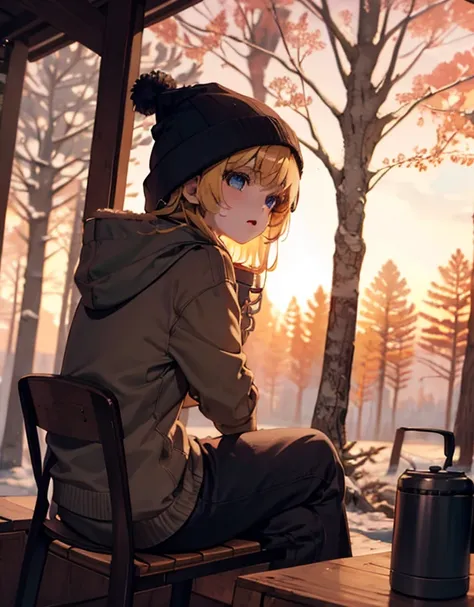 A professional outdoor photography of a beautiful young blond woman camping the wood; Asian woman; she wearing an fleece jacket, sweatpants and gray wool hat; she sitting outside of her orange tent on a wood log; she holding a thermos; a light-up camping l...