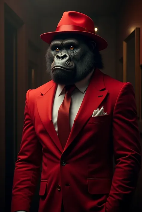 A gorilla with a red stylish suit on with a mafia hat with the words "sober life mafia"above him no cartoon 