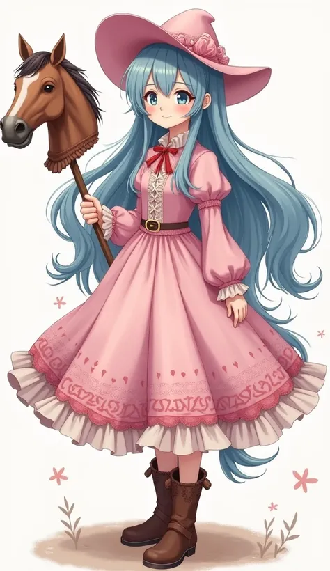 anime girl with long sky blue hair pink western dress skirt open in the front down to her knees pink western bonnet hood on head brown boots holding horse head on stick