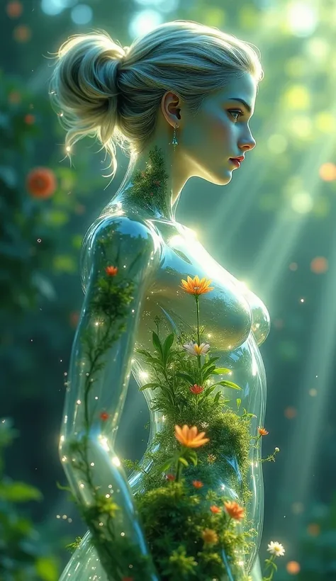 A luminous, transparent glass woman figure with an hourglass body, showcasing an intricate internal ecosystem, featuring miniature plants with delicate moss and flowers sprouting from within, blurring the line between surreal nature and organic growth, set...