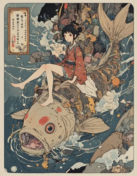 A huge stylized carp with detailed scales and large eyes, swimming in the water with noticeable ripples. A boy in traditional Japanese clothes sits astride a carp. The samurai is dressed in clothes with a pattern, perhaps red and white, he hugs a fish or c...