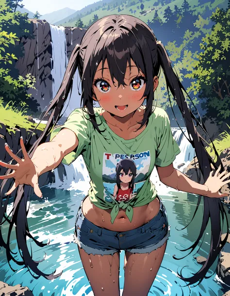  Azusa Nakano,   black hair,  brown eyes, Alone, long hair,smile,blush, open your mouth,  low twin tail, tan, brown skin,green t-shirt ,The hem of the t-shirt is tied, belly button out,river遊び, playing in the water, denim micro shorts ,Wet clothes, wet hai...