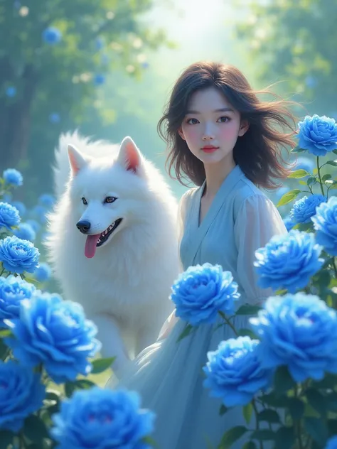 Blue roses are in full bloom　Japanese woman with beautiful face with brown semi-long hair　A white Samoyed dog is running next to it 