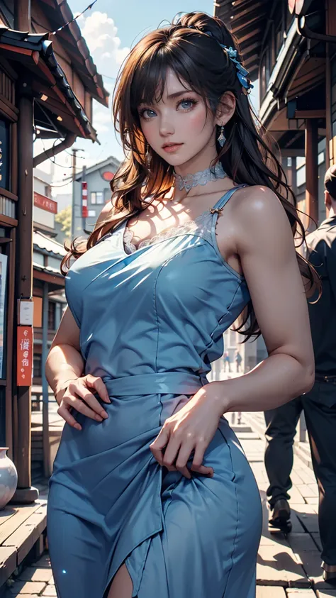 woman, Japanese,blue, sleeveless dress(Micro mini length), Realistic Details,  Hi-Res,Bokeh,Unresolved Details 、Place your hands on your hips、 below、blue sky、cloud、rainbow、I can see your pants、 pin heels、 lace choker 、Chignon