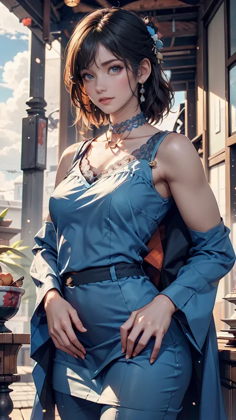 woman, Japanese,blue, sleeveless dress(Micro mini length), Realistic Details,  Hi-Res,Bokeh,Unresolved Details 、Place your hands on your hips、 below、blue sky、cloud、rainbow、I can see your pants、 pin heels、 lace choker 、Chignon