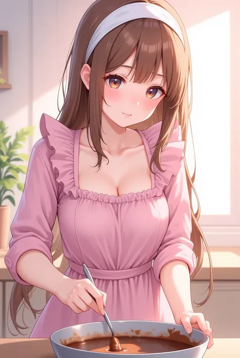 (A girl is making chocolate)(Stir the melted chocolate in the bowl)I'm in the kitchen bust up, cowboy shot (The girl's eyes are on the bowl) Beautiful anime style portrait, Detailed portrait of beautiful anime style girl, Beautiful anime style portrait, Be...