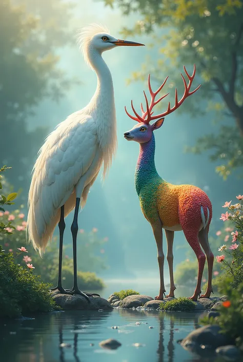 The old white crane is beside a seven-color deer.