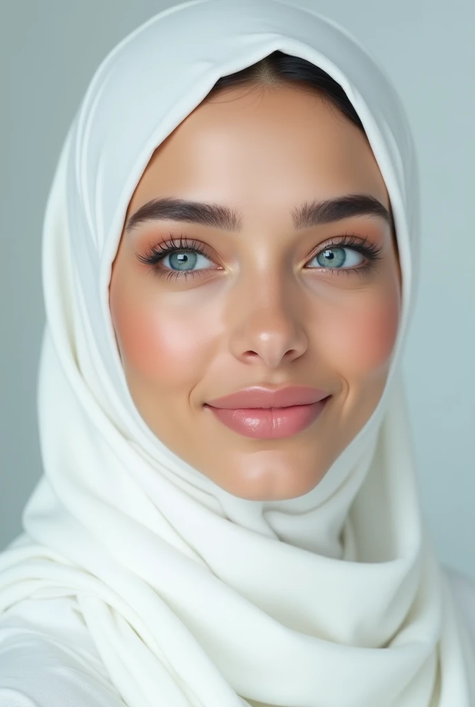 Beautiful white skin hijab girl with white hijab smiling big blue eyes