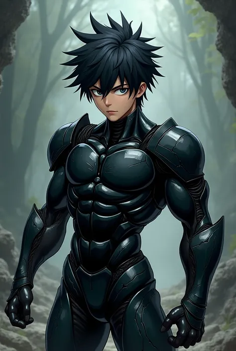 Anime black ant boy With messy black hair, Muscular athletic body, wearing black Insect armor on their arms and legs.