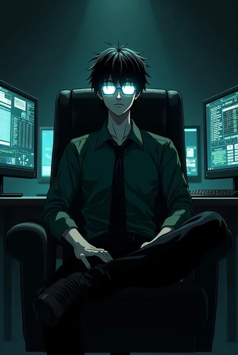 Create an anime-style illustration of a person sitting in a chair, viewed from an authoritative low-angle perspective. The character has glowing glasses obscuring their eyes, a dark green shirt, and a tie, exuding a mysterious and powerful aura. The backgr...