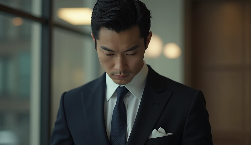 Use Hyper realistic : Appearance: Tall, lean, and impeccably dressed. His short black hair is always neatly styled, and he has piercing dark eyes that can either intimidate or soften slightly when looking at Soo-ah. His sharp jawline and serious demeanor g...