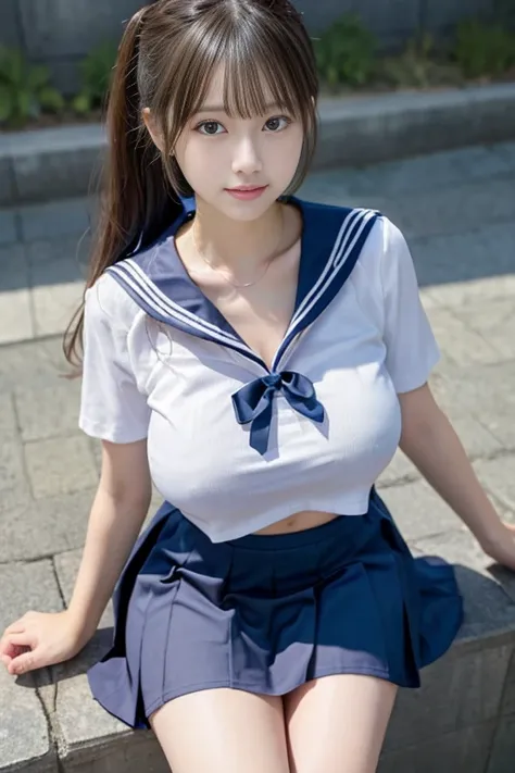 ((  sailor suit  、  Top Quality 、 Masterpiece、  high image quality ))、(((  ZOOM PHOTO FROM ABOVE  )))、20-year-old woman、  beautiful skin、  beautiful eyes、  clevis on the stone、  ponytail, ((   full body photo )),    Beautiful Thighs,  big breasts 、 high sc...