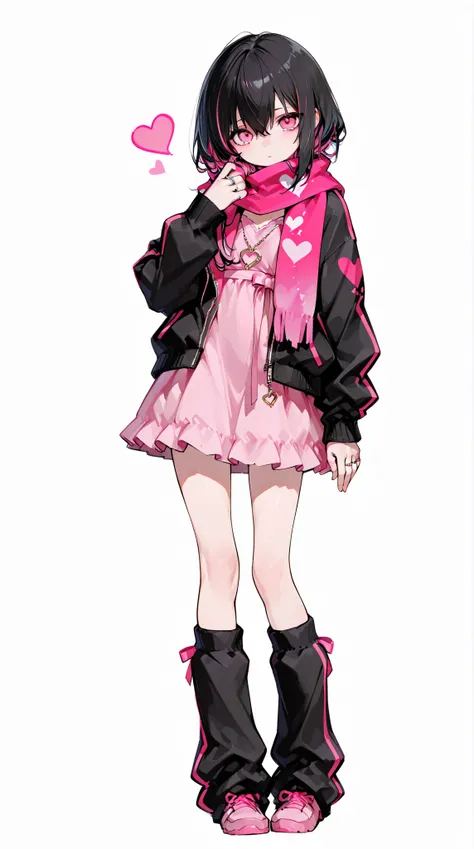  1 girl, solo,  dress, ブラック dress,  full body,  black hair, ring,  scarf,  jewelry,  jacket, Leg warmers , heart, ピンクの jacket,  white background, multicolored hair ,  girls looking at the viewer ,  pink eyes,  111 pieces 1 of 1 of 1 of pink 1 piece of hair...