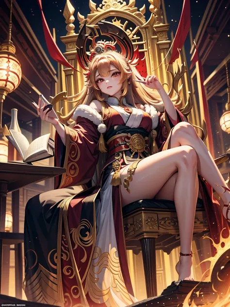 Adult female King Enma、 sitting on a chair and reading a book、The Ten Kings of Hell are standing on either side of the chair.、Beauty、
