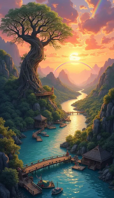  drawing the page with a winding river with many docks and a wishing tree, there is a rainbow at the end of the river .  the sunset creates a beautiful picture   