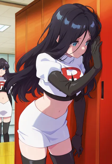 best quality, masterpiece
BREAK
1girl, natsukohirose, black hair, long hair, blue eyes,
team rocket,team rocket uniform,white skirt,red letter R,crop top,black thigh-highs,black elbow gloves, cowboy shot,
indoors