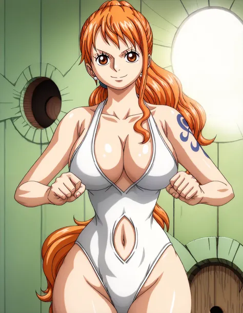 score_9_up, best quality, cowboy shot, anime_source, anime style, (SOLO:1.7), 1girl, Nami, orange hair, (white leotard:1.3), , morning, Medium breasts, (exposed cleavage:1.0), (exposed underarms:1.6), (ponytail:1.7), (exposed navel with hole:1.4), detailed...