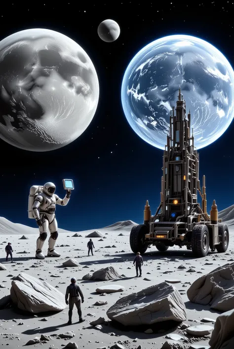 Humanoids are creating something new on the Moon。they are cooperating with Earth's operators、Controlled by remote control。Depict a future world where things made in space are supplied to Earth。Earth operators are humans and 、A humanoid working on the surfa...