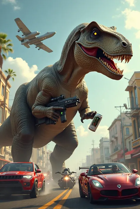 A t-rex drinking a white monster, with an m4 carbine in his left hand shooting the air, have an a10 warthog flying above, a gym in the background and Sports cars and motorcycles driving past