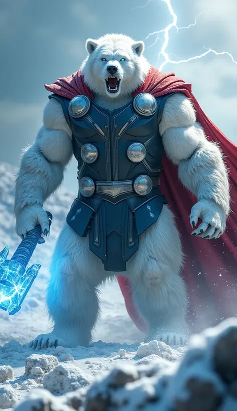 A hyper-realistic cinematic fusion of Thor and the Giant White Bear, transforming him into an unstoppable warrior of thunder and ice. His physique is now colossal, with his Asgardian armor fused with thick, frost-enchanted white fur. His face has a primal,...