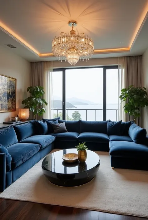 Create a luxurious living room with a large plush sectional sofa in deep navy, paired with a sleek black marble coffee table with gold legs. Soft lighting from elegant crystal chandeliers above, and designer accents such as gold-framed mirrors and abstract...