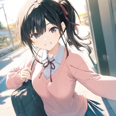 1girl, ,, school bag, ager, tall, Narrow eyes, pretty, school, Bangs, High quality, beautiful, medium breasts,pitch black hair,pitch black eyes, school uniform, Pink sweater, girl, , Beautiful andcute, Sunrise, Skirt ,grin, side ponytail,Ribbon, Hair ribbo...