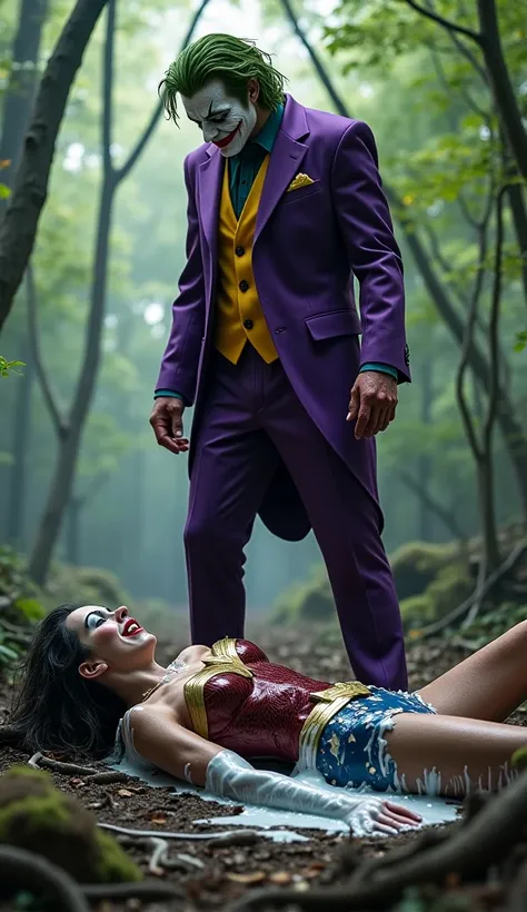 Wonder woman is laying on ground and crying, wonder woman wet face and body with white cream like liquid substance, joker is standing infront of her and loughing, inside a forest.