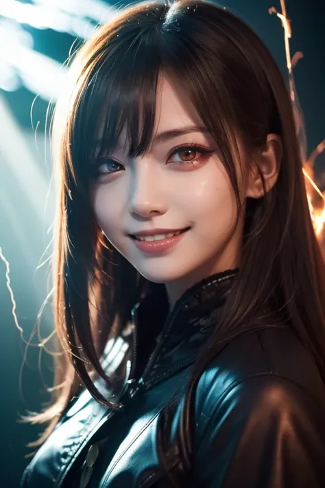  1 girl,  flying hair,  red eyes, Fire Witch , Blood on face,  Light Particles , Lightning rays,  wallpaper,  colorful,  high contrast , ,  smirking ,  , psychopathic  smirking ,  Psychopath Smile ,  tilting your head 