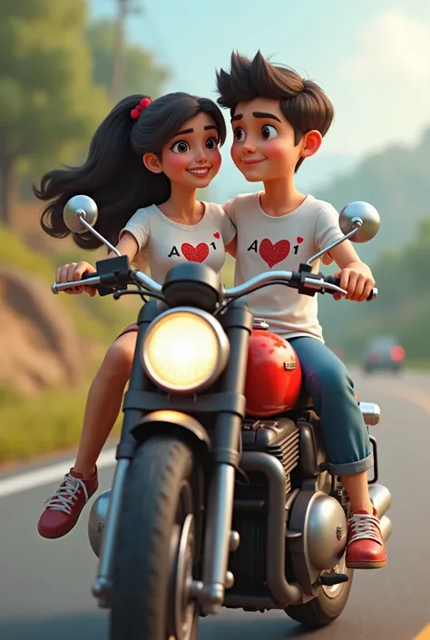 A boy is driving motorcycle with his girlfriend.They both wears White tea shirt.And boy tea shirt is printing his name "Arnab💓".And girl tea shirt is printing her name "Aditi 💓"