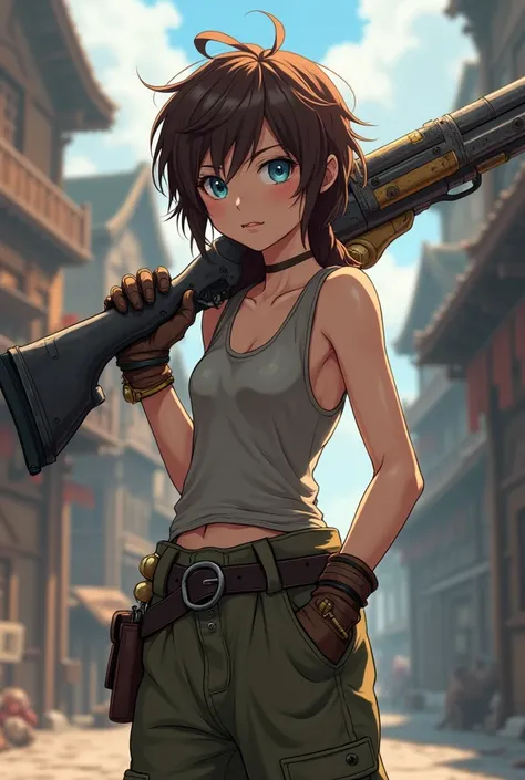 anime fantasy aesthetic, depth of field, 8k, cute young girl, messy brown hair, deep blue eyes, pale skin, lean athletic physique, tank top, baggy pants, tool belt, work gloves, holding a large steampunk crystal rifle over her shoulder in a medieval city s...