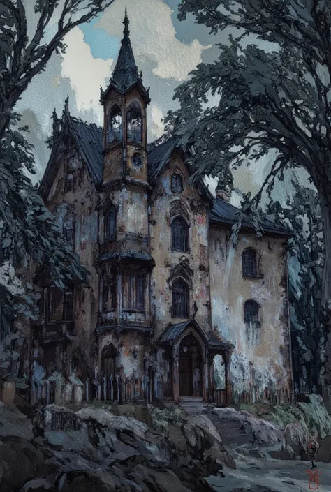 Score_9,Score_8_up,Score_7_up,highest quality, highest quality, haunted mansion, fushihui, complex art, ultra detailed, (disturbing atmosphere, night, dark, darkness)