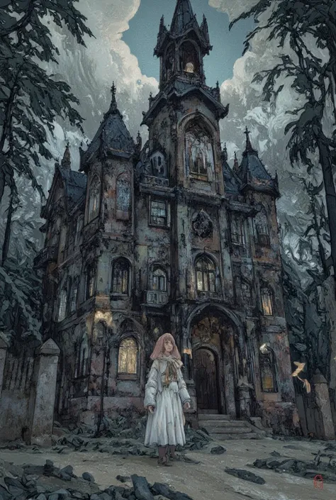 Score_9,Score_8_up,Score_7_up,highest quality, highest quality, haunted mansion, fushihui, complex art, ultra detailed, (disturbing atmosphere, night, dark, darkness)