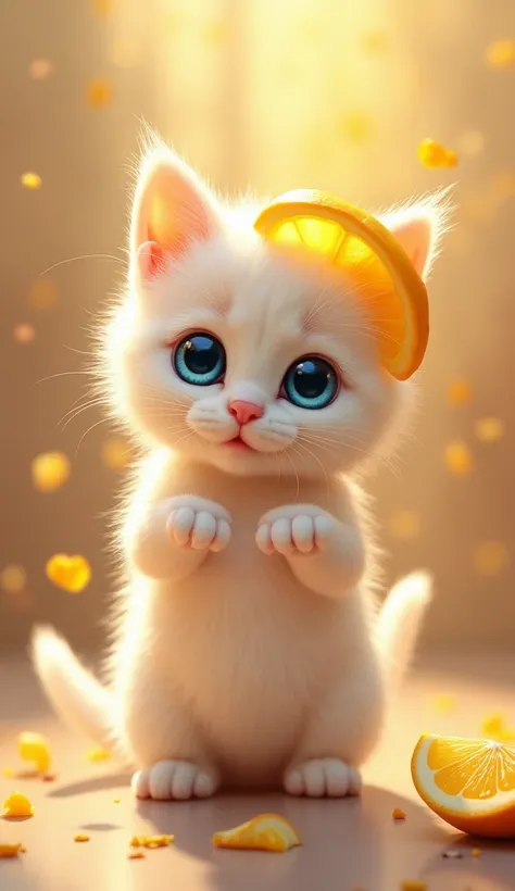 kitten ,                              bright                ,     cute blue eyes                              ,        (           get hands and feet out of cheesecake                )         ,       Lemon slice on head        ,            ,         candy...