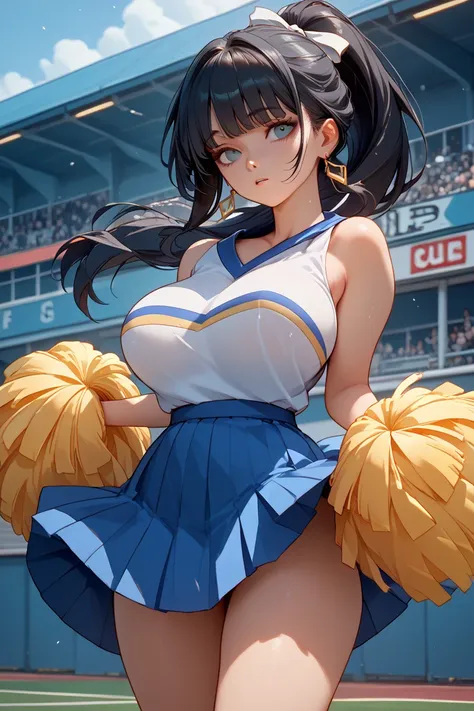    beautiful girl　       black hair　    ponytail 　   Japanese high school girl with white ribbon scrunchies　Big Breasts　 big breasts　 breasts that are too big 　 cheerleading　 upskirt　Back view