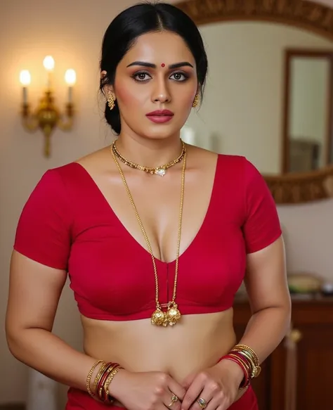 Busty woman,tying her saree,lusty blue eyes,desi body,sexy curves,shiny black hair,tied around as bun,flowers around her bun,red glossy lips,in red designer blouse and standing,showing her deep navel and thin navel chain,nose rings,ear rings,bindi in foreh...