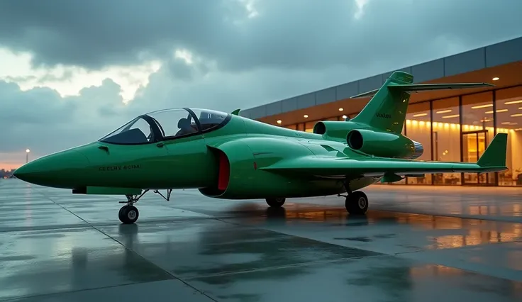 Nakajima J1Gekko jet in a sleek green color, showcased in a high-definition and luxurious setting. The aircraft is parked on a modern airport runway with a sophisticated terminal in the background, featuring ambient lighting and reflective surfaces. The je...